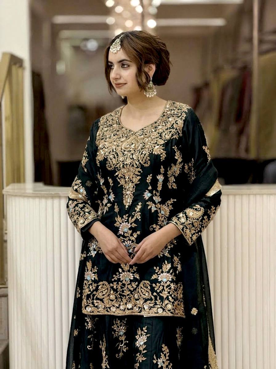 Black Georgette Heavy Work Palazzo Suit ClothsVilla