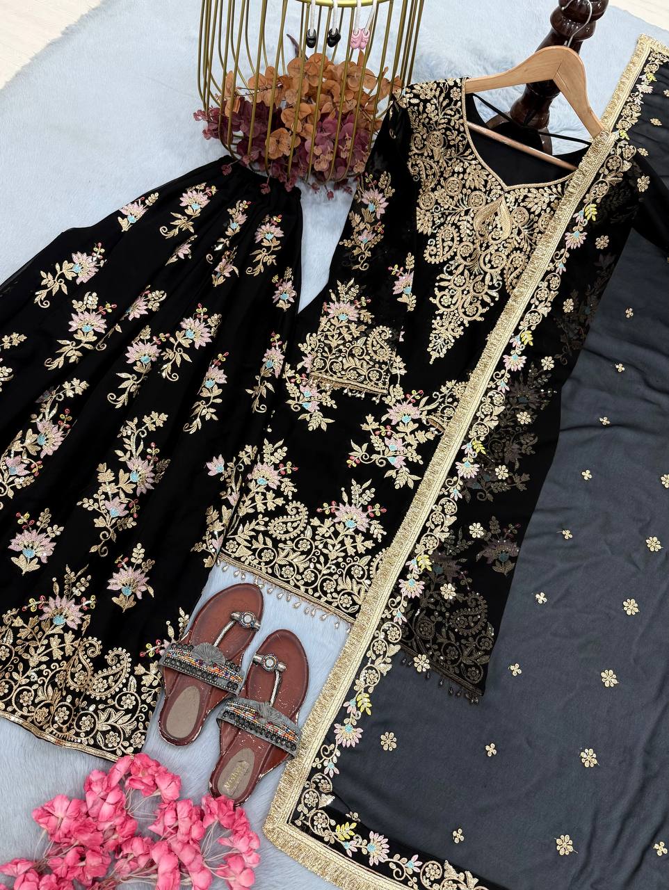 Black Georgette Heavy Work Palazzo Suit ClothsVilla
