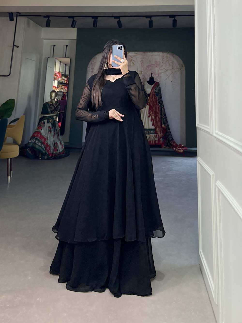 Alluring Black Georgette Kurti Palazzo Set with Dupatta - Modern Indian Chic - Set of 3 ClothsVilla