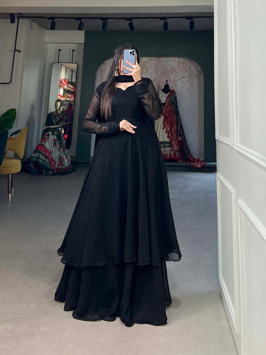 Alluring Black Georgette Kurti Palazzo Set with Dupatta - Modern Indian Chic - Set of 3 ClothsVilla