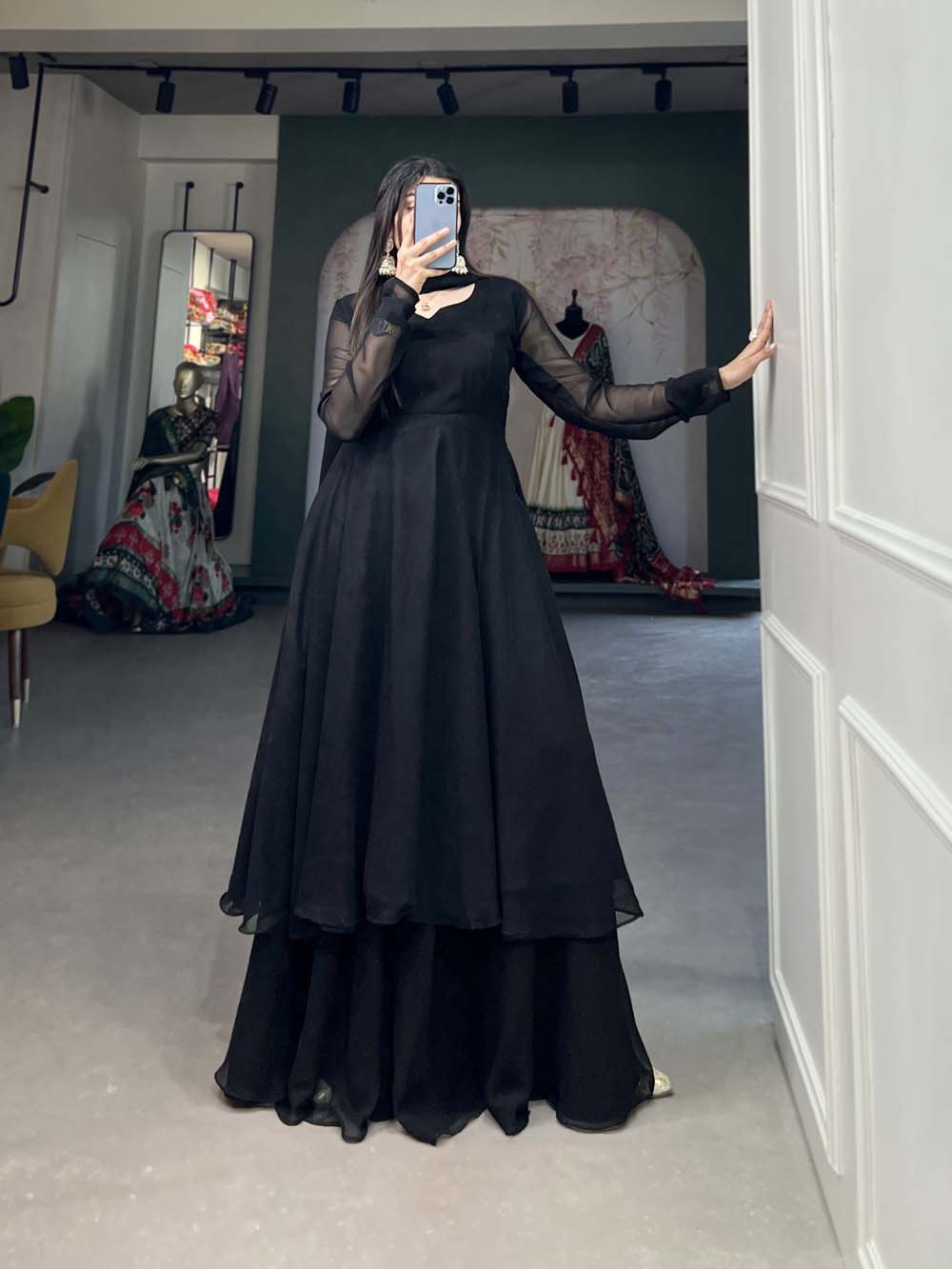 Alluring Black Georgette Kurti Palazzo Set with Dupatta - Modern Indian Chic - Set of 3 ClothsVilla Main image