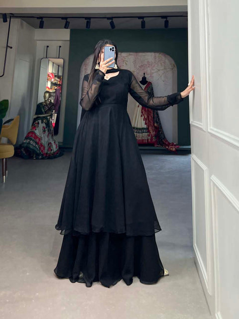 Alluring Black Georgette Kurti Palazzo Set with Dupatta - Modern Indian Chic - Set of 3 ClothsVilla Main image