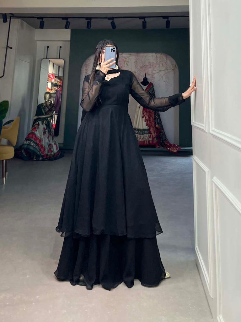 Alluring Black Georgette Kurti Palazzo Set with Dupatta - Modern Indian Chic - Set of 3 ClothsVilla