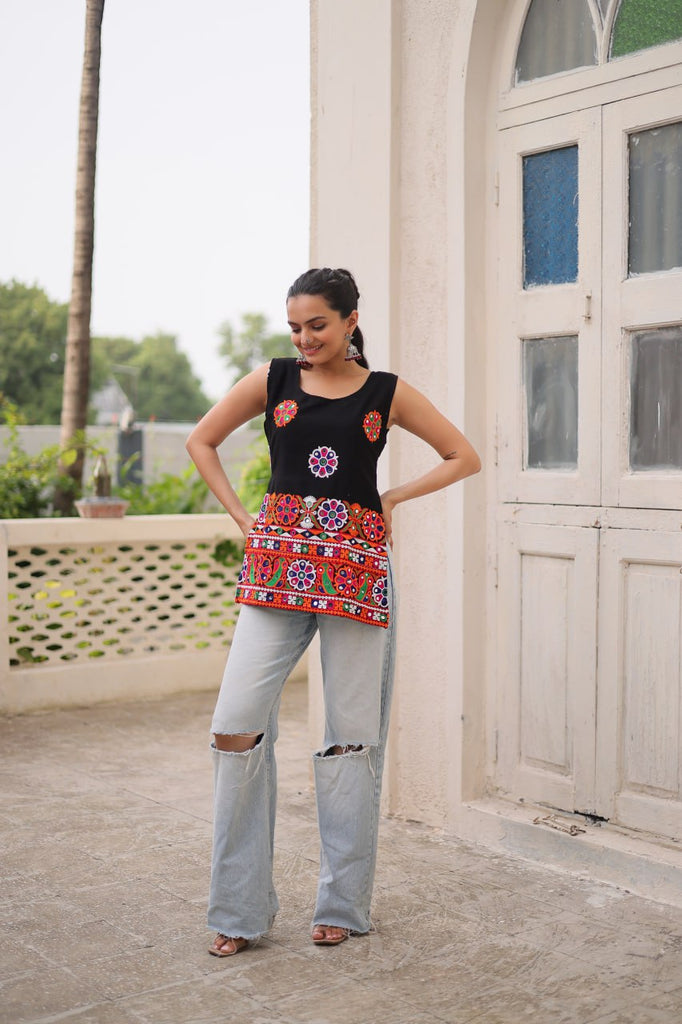 Black Georgette Kutchi Gamthi Embroidered Sleeveless Top ClothsVilla