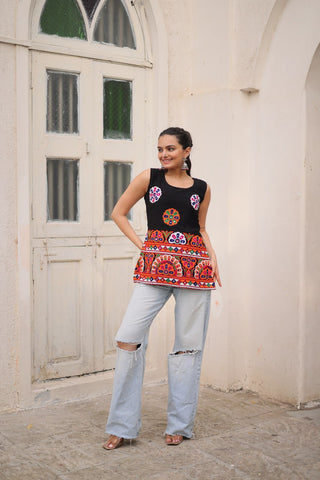 Black Georgette Kutchi Gamthi Embroidered Sleeveless Top ClothsVilla