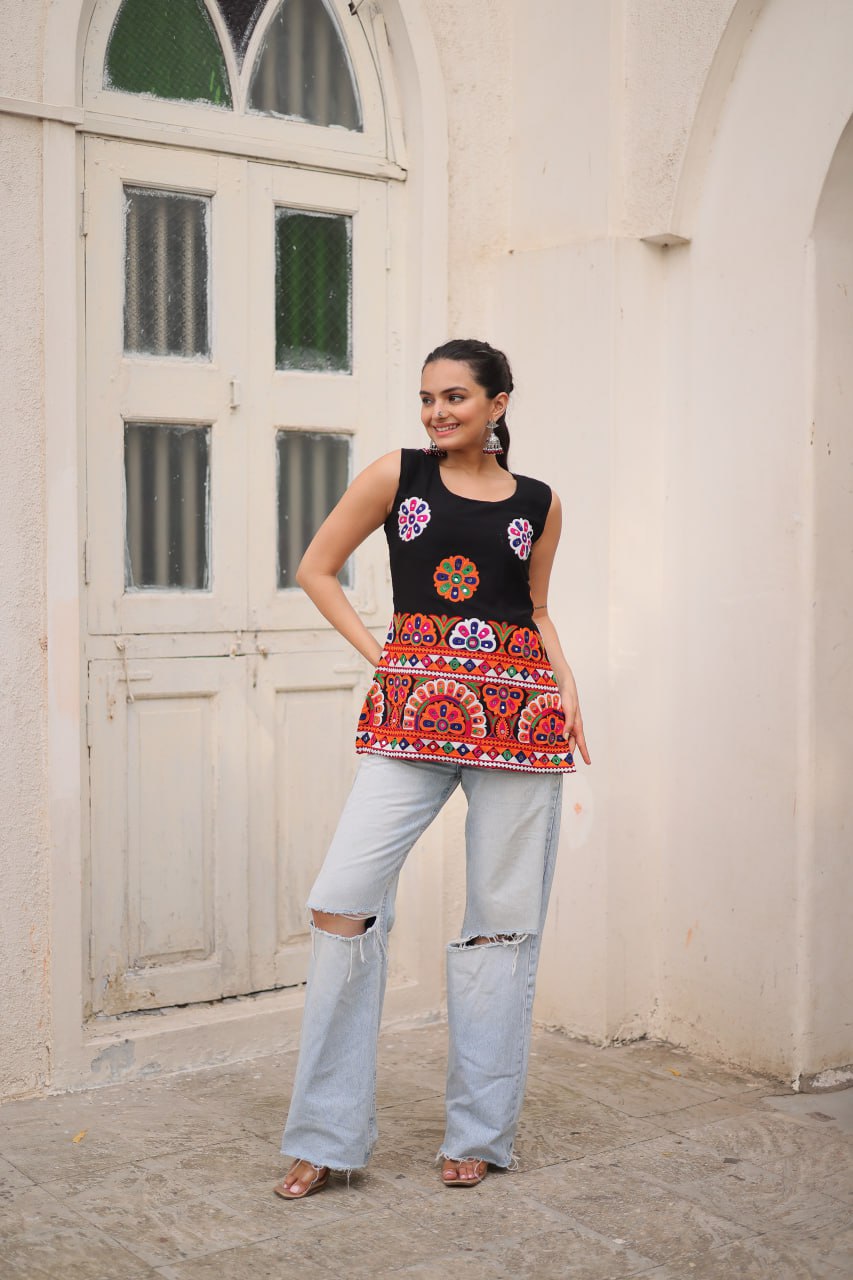 Black Georgette Kutchi Gamthi Embroidered Sleeveless Top ClothsVilla