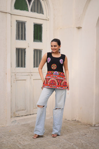 Black Georgette Kutchi Gamthi Embroidered Sleeveless Top ClothsVilla