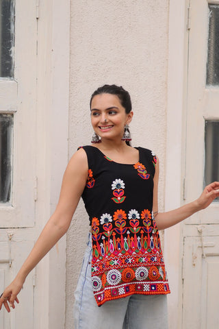 Black Georgette Kutchi Gamthi Embroidered Sleeveless Top ClothsVilla