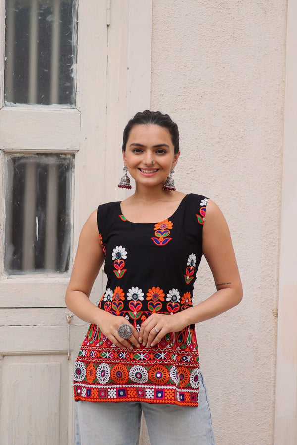 Black Georgette Kutchi Gamthi Embroidered Sleeveless Top ClothsVilla