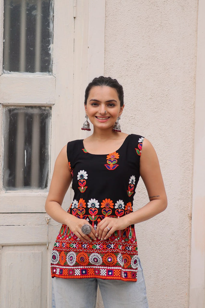 Black Georgette Kutchi Gamthi Embroidered Sleeveless Top ClothsVilla