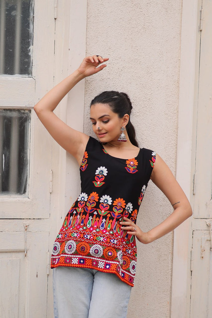 Black Georgette Kutchi Gamthi Embroidered Sleeveless Top ClothsVilla