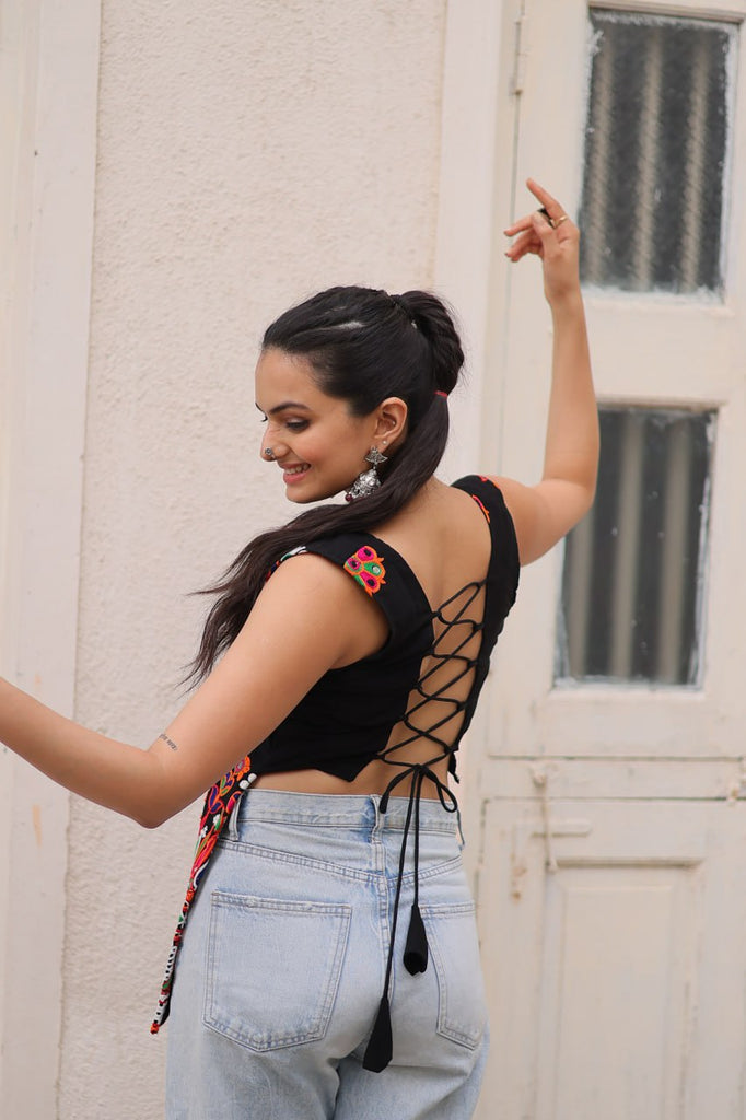 Black Georgette Kutchi Gamthi Embroidered Sleeveless Top ClothsVilla