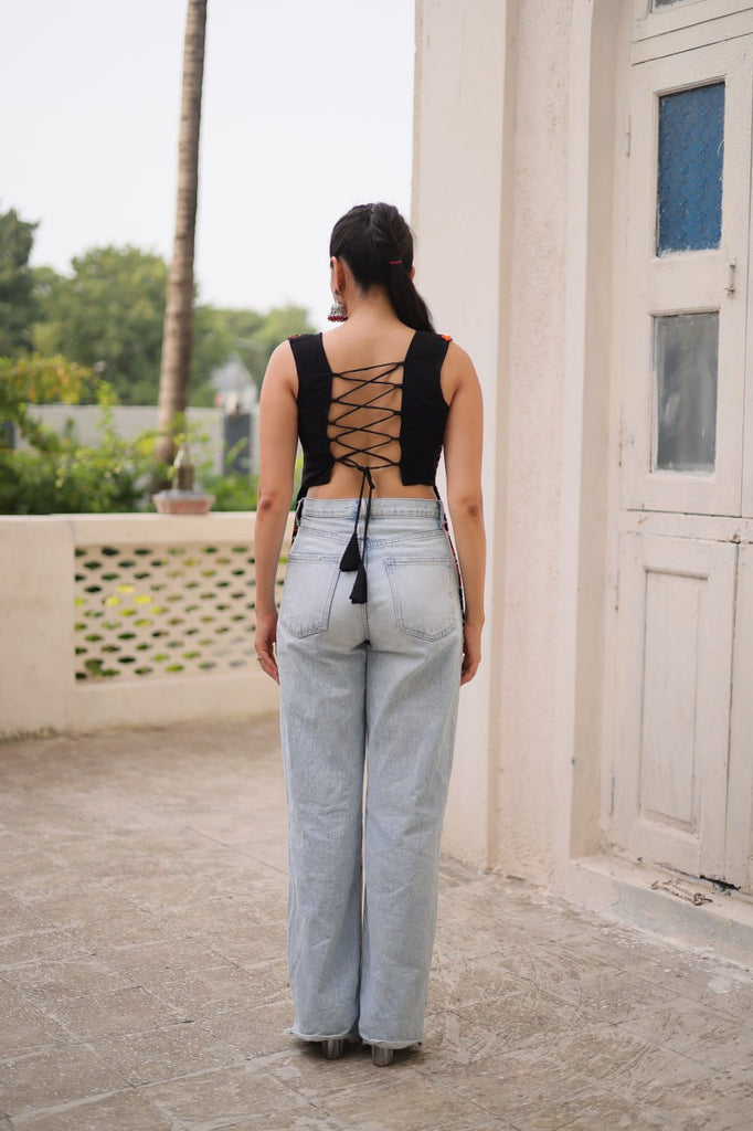 Black Georgette Kutchi Gamthi Embroidered Sleeveless Top ClothsVilla