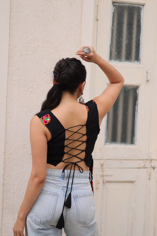 Black Georgette Kutchi Gamthi Embroidered Sleeveless Top ClothsVilla
