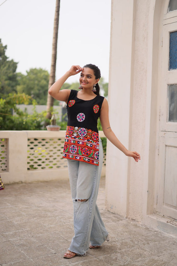 Black Georgette Kutchi Gamthi Embroidered Sleeveless Top ClothsVilla
