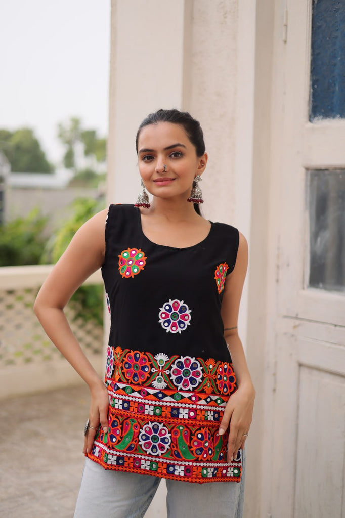 Black Georgette Kutchi Gamthi Embroidered Sleeveless Top ClothsVilla