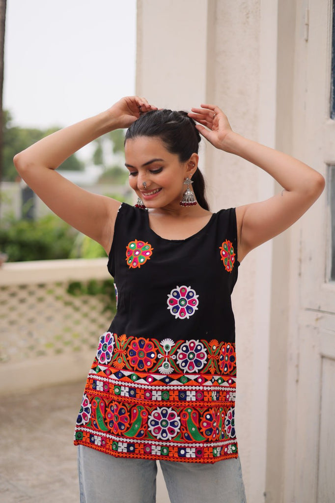 Black Georgette Kutchi Gamthi Embroidered Sleeveless Top ClothsVilla