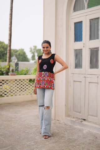 Black Georgette Kutchi Gamthi Embroidered Sleeveless Top ClothsVilla