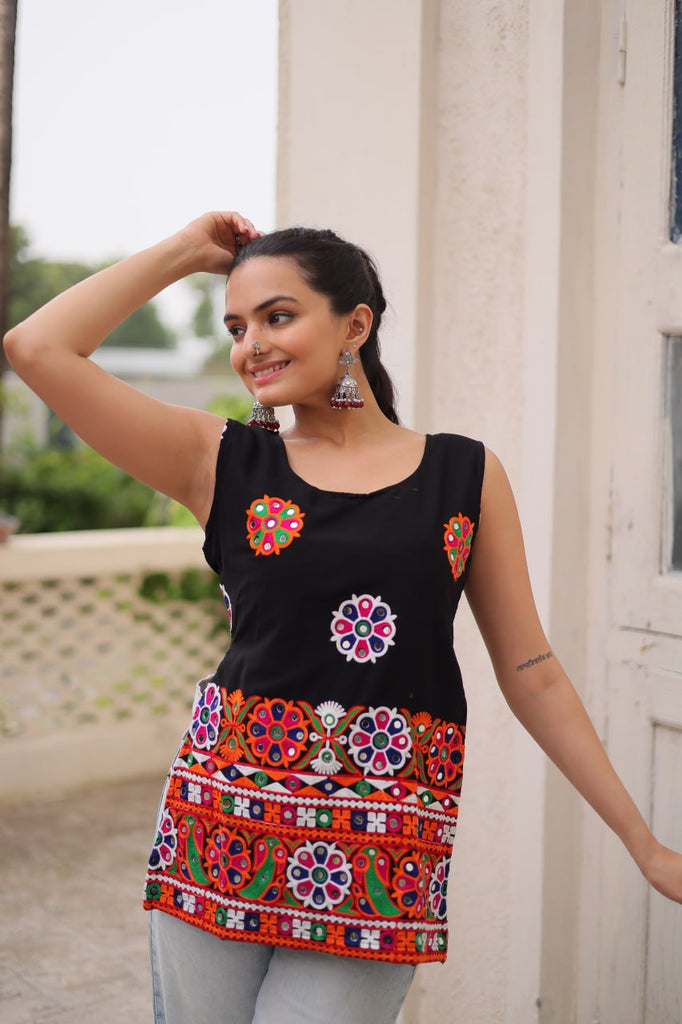 Black Georgette Kutchi Gamthi Embroidered Sleeveless Top ClothsVilla