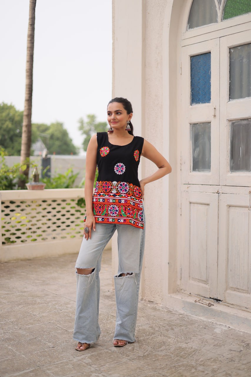 Black Georgette Kutchi Gamthi Embroidered Sleeveless Top ClothsVilla