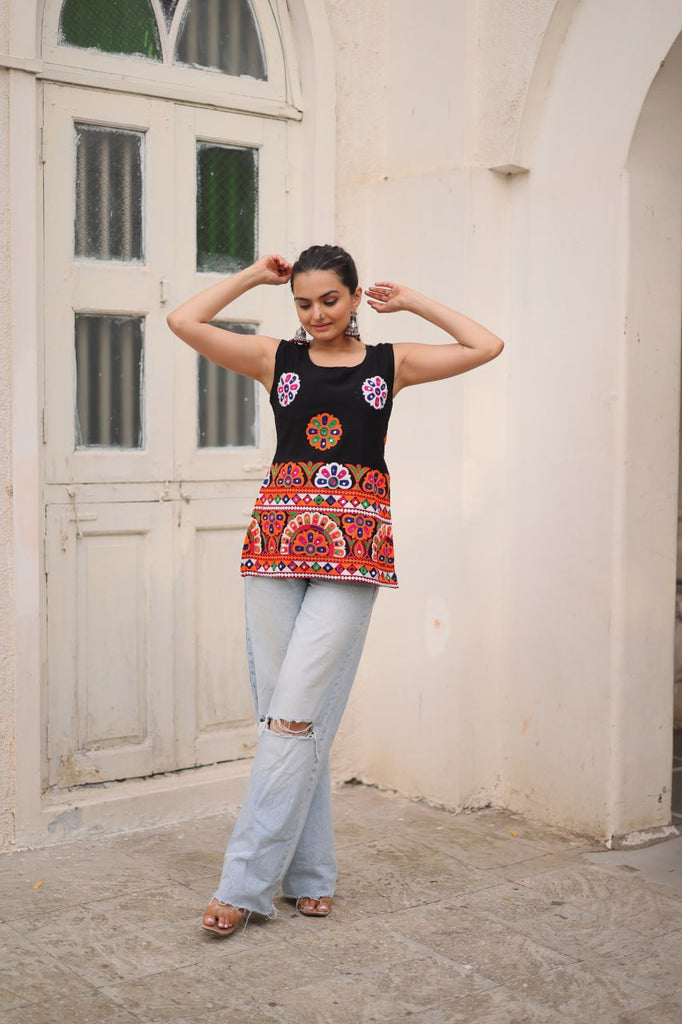 Black Georgette Kutchi Gamthi Embroidered Sleeveless Top ClothsVilla
