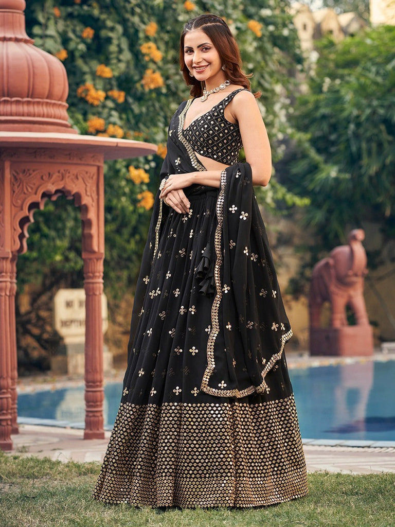 Black Georgette Lehenga Choli Set with 7MM Sequins & Zari Embroidery – Festive Semi-Stitched Ensemble ClothsVilla
