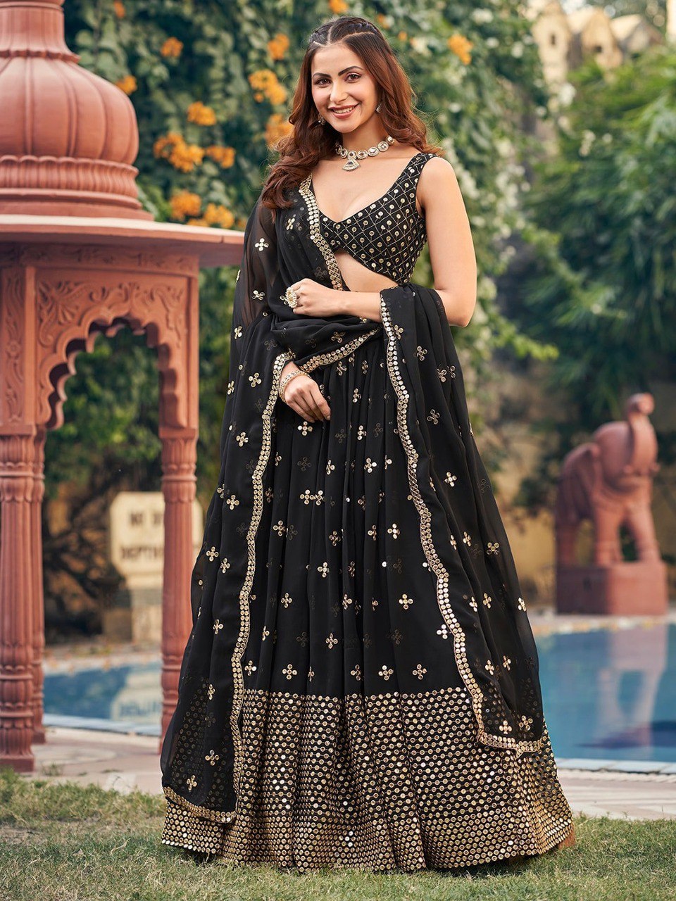 Black Georgette Lehenga Choli Set with 7MM Sequins & Zari Embroidery – Festive Semi-Stitched Ensemble ClothsVilla Main image