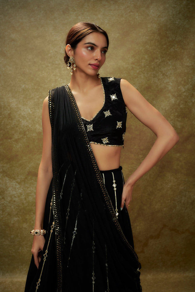 Black Georgette Lehenga Set with Sequins, Jari & Paper Mirror Embroidery – Semi-Stitched with Dupatta ClothsVilla