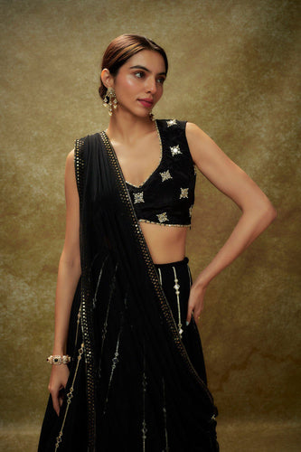 Black Georgette Lehenga Set with Sequins, Jari & Paper Mirror Embroidery – Semi-Stitched with Dupatta ClothsVilla