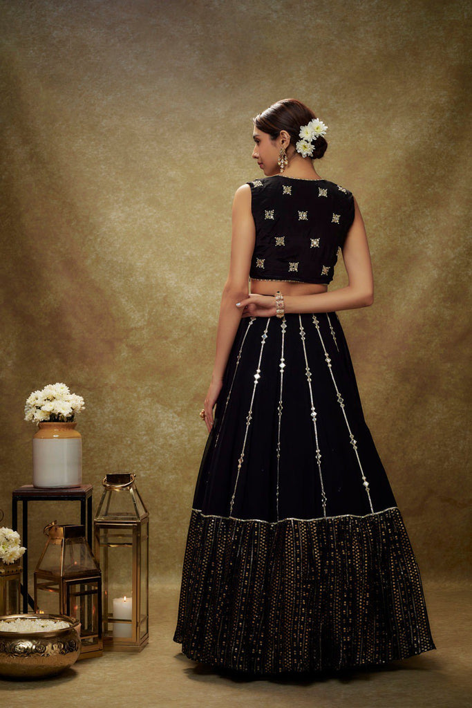 Black Georgette Lehenga Set with Sequins, Jari & Paper Mirror Embroidery – Semi-Stitched with Dupatta ClothsVilla