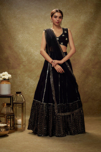 Black Georgette Lehenga Set with Sequins, Jari & Paper Mirror Embroidery – Semi-Stitched with Dupatta ClothsVilla