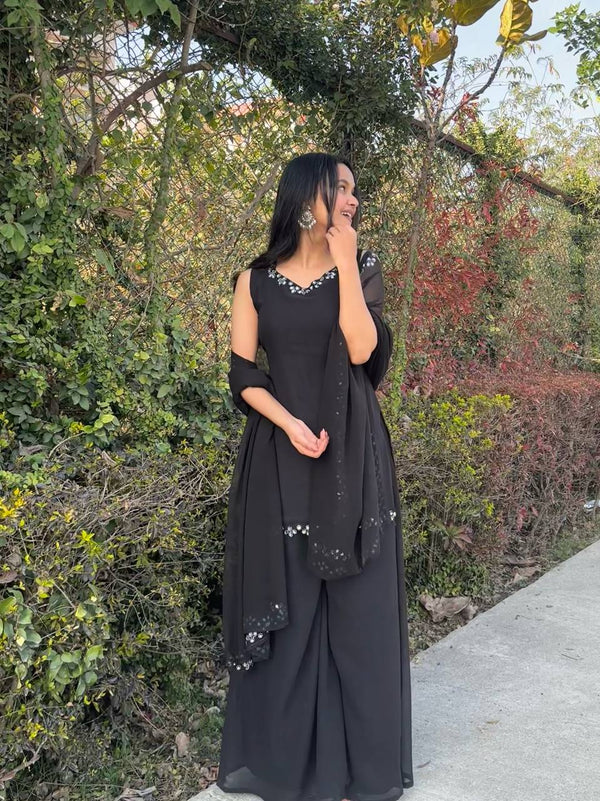 Black Georgette Real Mirror Work Kurti Set with Plazo & Dupatta Fully Stitched Ethnic Wear ClothsVilla