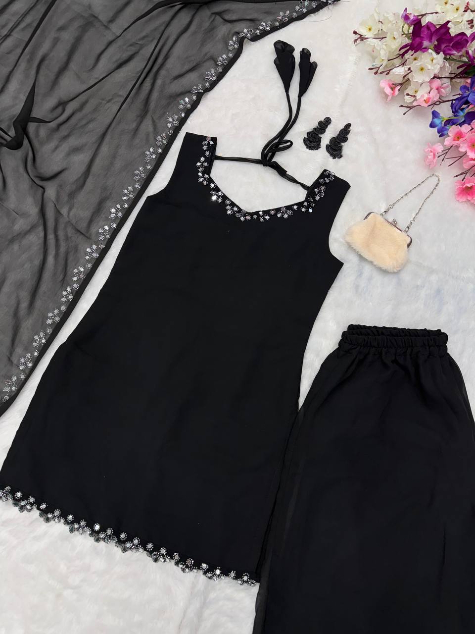Black Georgette Real Mirror Work Kurti Set with Plazo & Dupatta Fully Stitched Ethnic Wear ClothsVilla