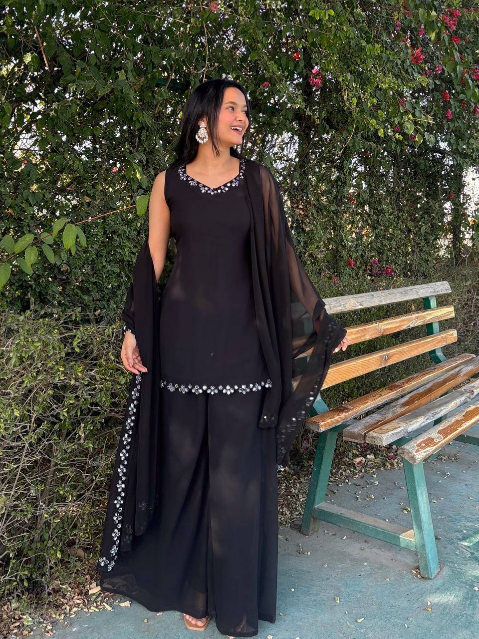 Black Georgette Real Mirror Work Kurti Set with Plazo & Dupatta Fully Stitched Ethnic Wear ClothsVilla