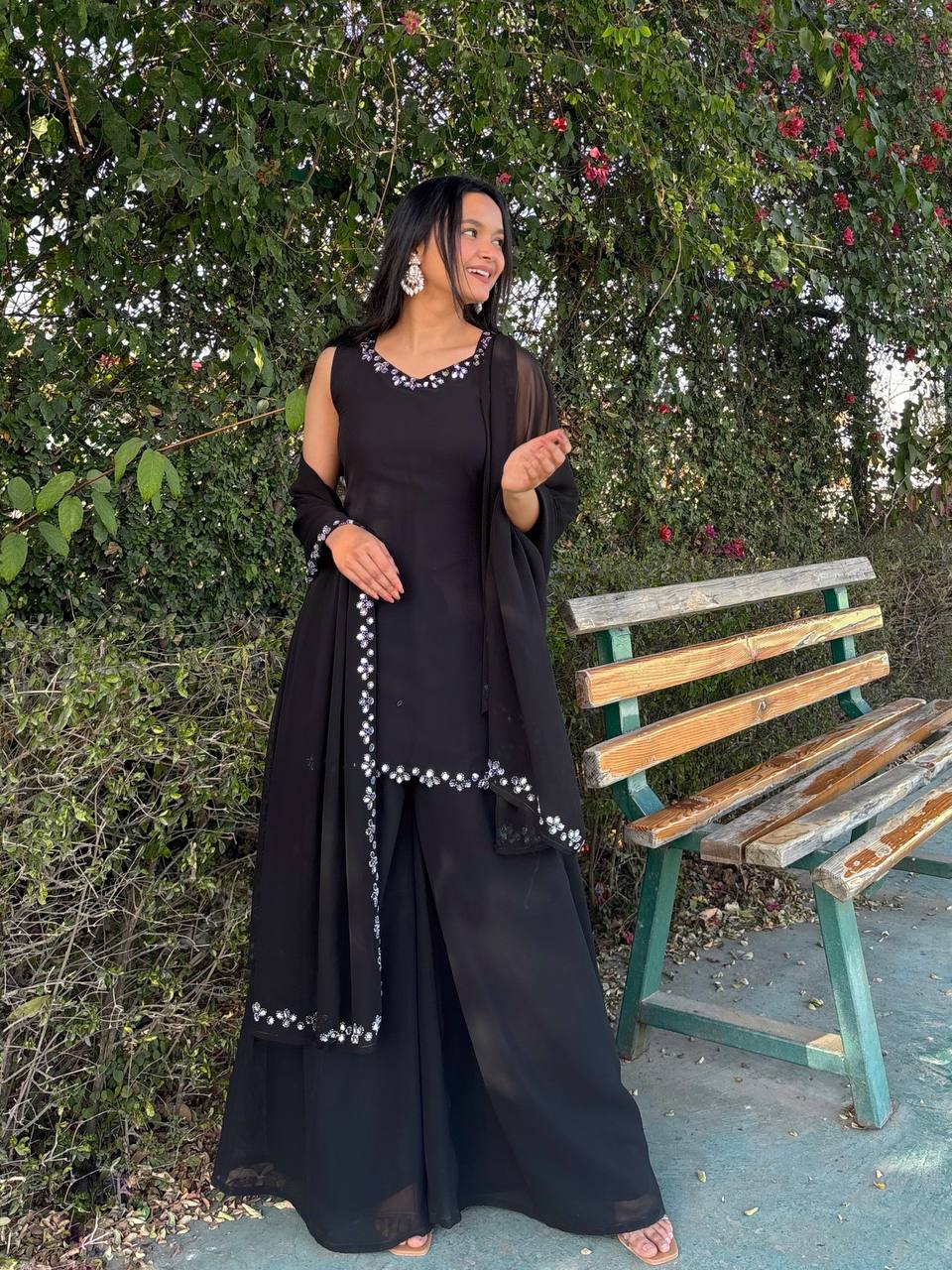 Black Georgette Real Mirror Work Kurti Set with Plazo & Dupatta Fully Stitched Ethnic Wear ClothsVilla