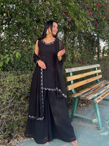 Black Georgette Real Mirror Work Kurti Set with Plazo & Dupatta Fully Stitched Ethnic Wear ClothsVilla