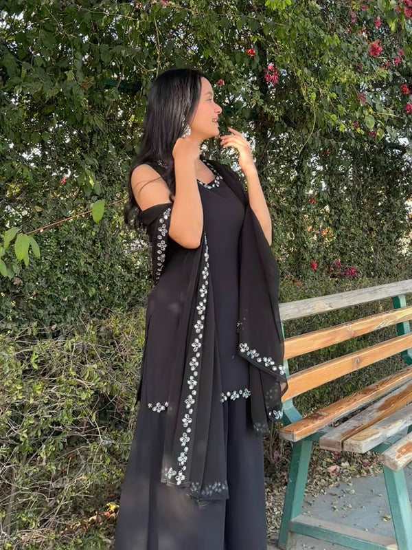 Black Georgette Real Mirror Work Kurti Set with Plazo & Dupatta Fully Stitched Ethnic Wear ClothsVilla