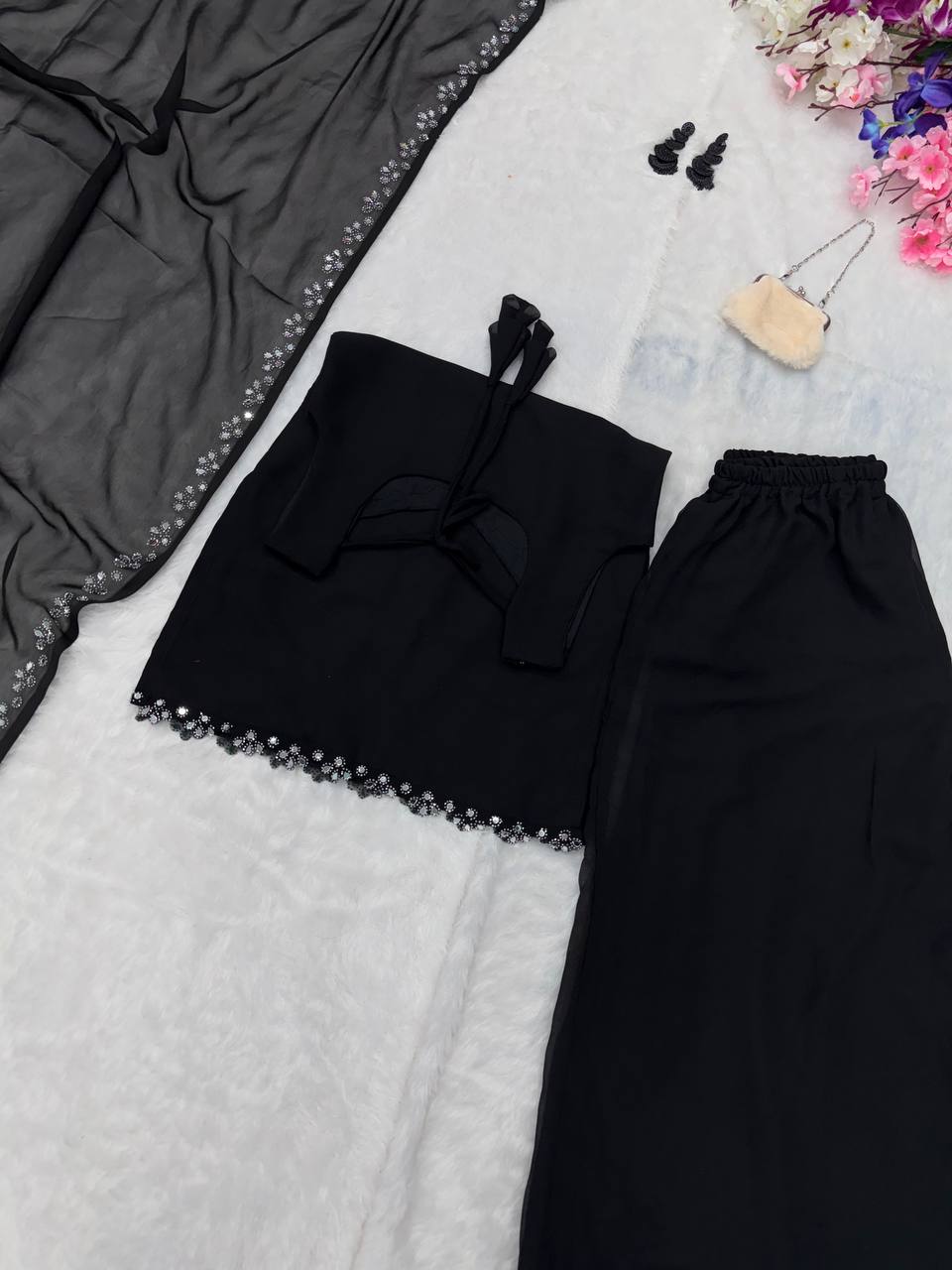 Black Georgette Real Mirror Work Kurti Set with Plazo & Dupatta Fully Stitched Ethnic Wear ClothsVilla