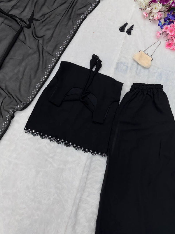 Black Georgette Real Mirror Work Kurti Set with Plazo & Dupatta Fully Stitched Ethnic Wear ClothsVilla