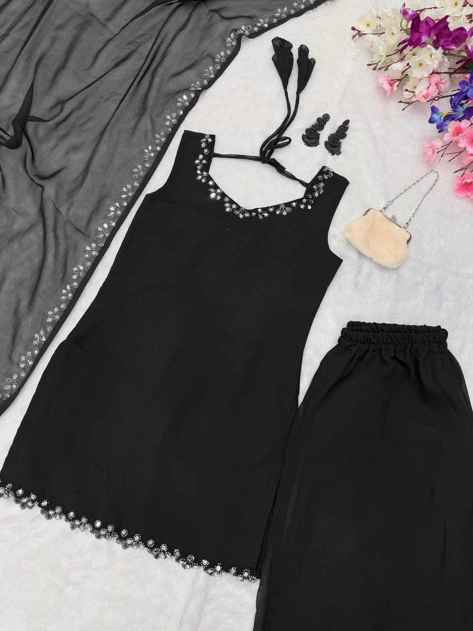 Black Georgette Real Mirror Work Kurti Set with Plazo & Dupatta Fully Stitched Ethnic Wear ClothsVilla