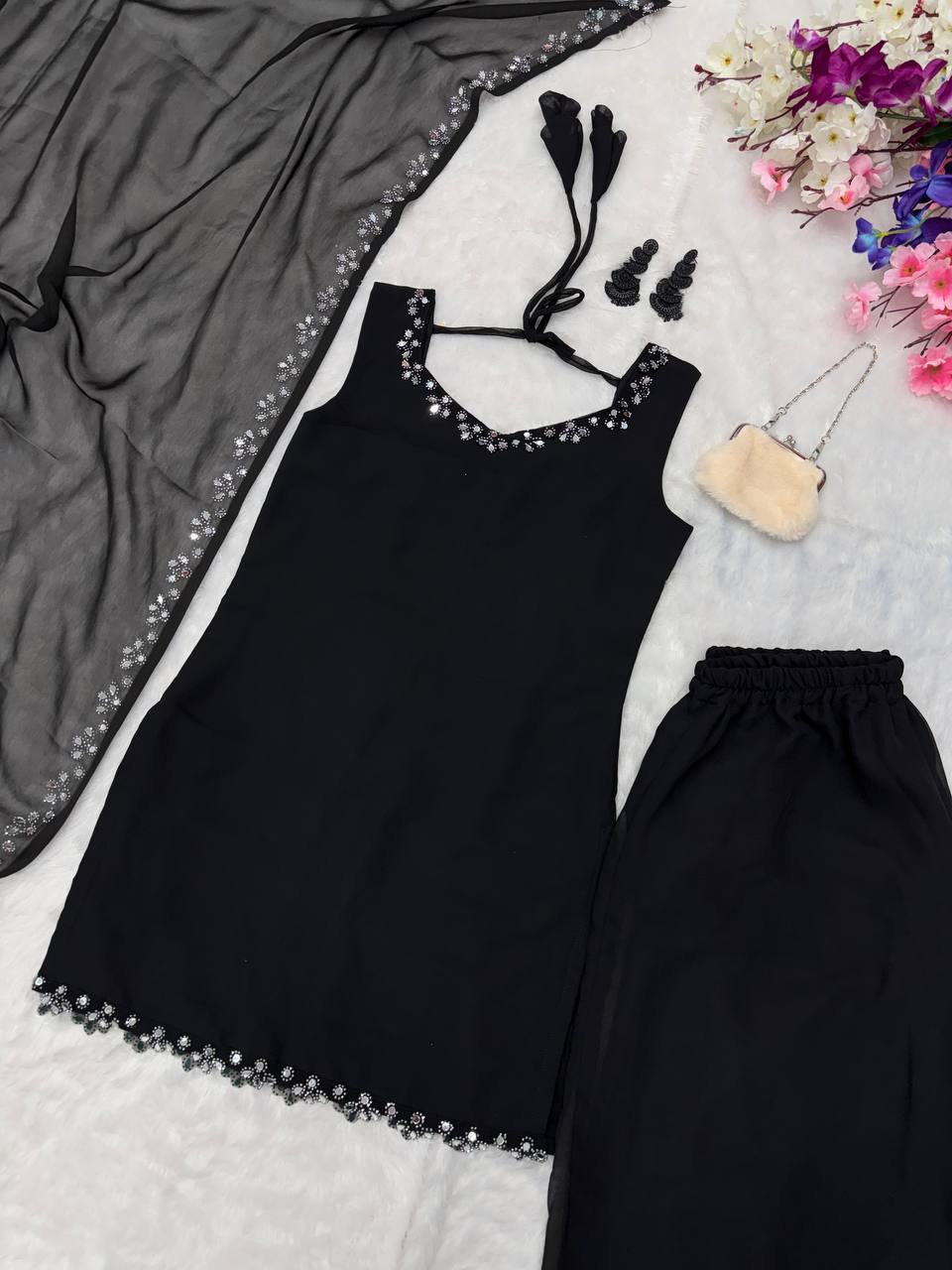 Black Georgette Real Mirror Work Kurti Set with Plazo & Dupatta Fully Stitched Ethnic Wear ClothsVilla