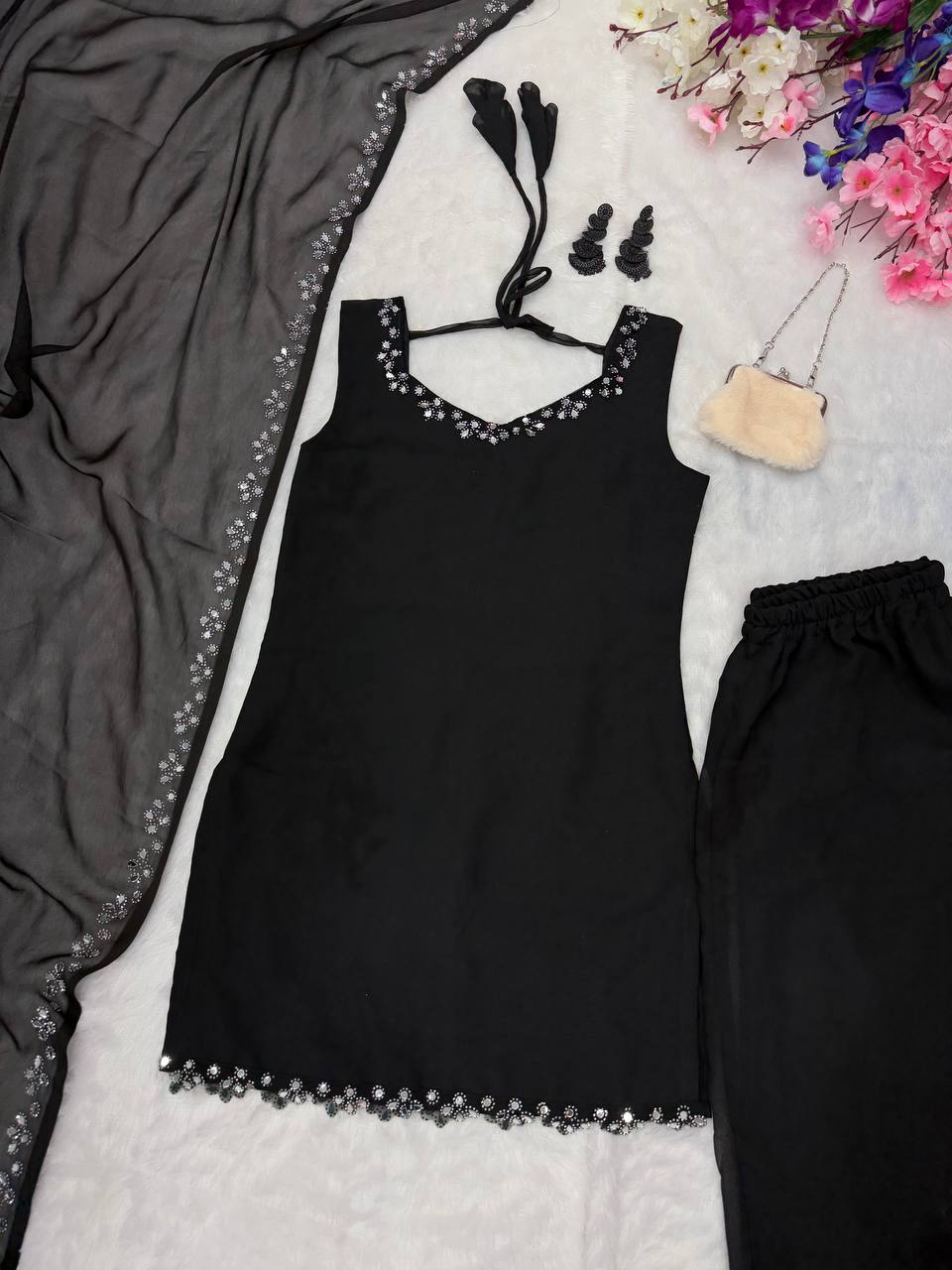 Black Georgette Real Mirror Work Kurti Set with Plazo & Dupatta Fully Stitched Ethnic Wear ClothsVilla