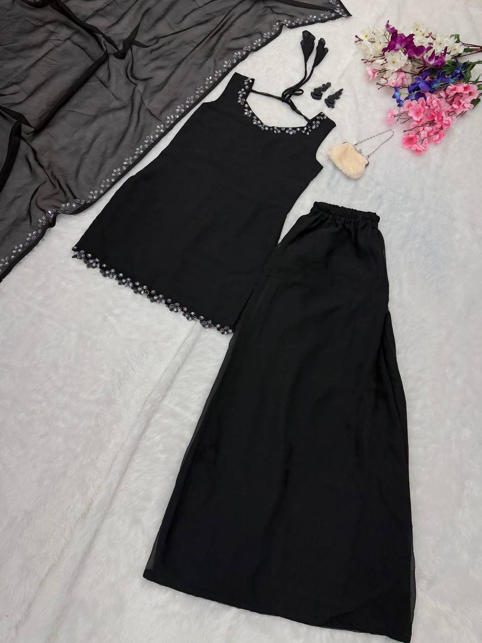 Black Georgette Real Mirror Work Kurti Set with Plazo & Dupatta Fully Stitched Ethnic Wear ClothsVilla