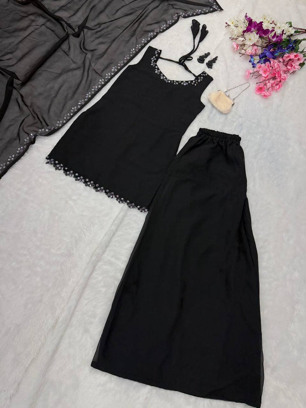 Black Georgette Real Mirror Work Kurti Set with Plazo & Dupatta Fully Stitched Ethnic Wear ClothsVilla