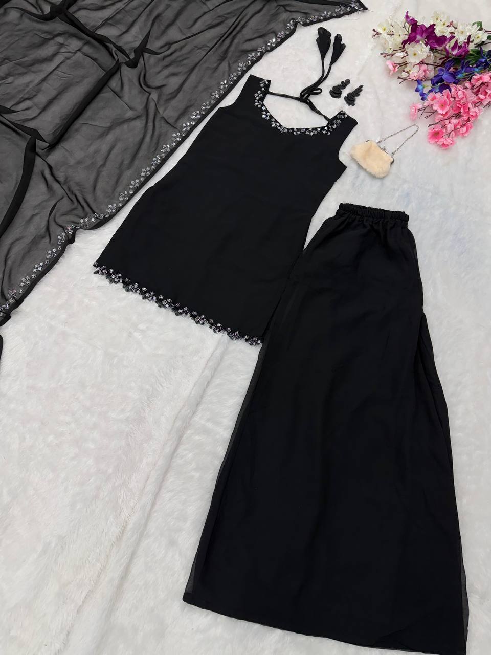 Black Georgette Real Mirror Work Kurti Set with Plazo & Dupatta Fully Stitched Ethnic Wear ClothsVilla