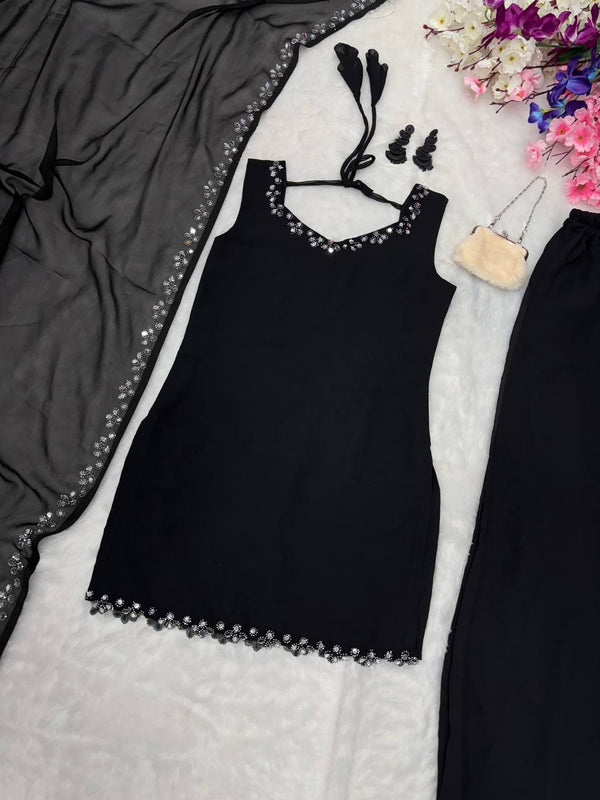 Black Georgette Real Mirror Work Kurti Set with Plazo & Dupatta Fully Stitched Ethnic Wear ClothsVilla