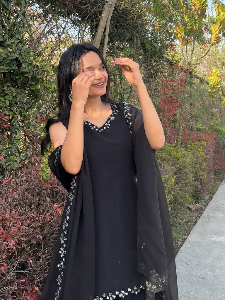 Black Georgette Real Mirror Work Kurti Set with Plazo & Black Georgette Real Mirror Work Kurti Set with Plazo &