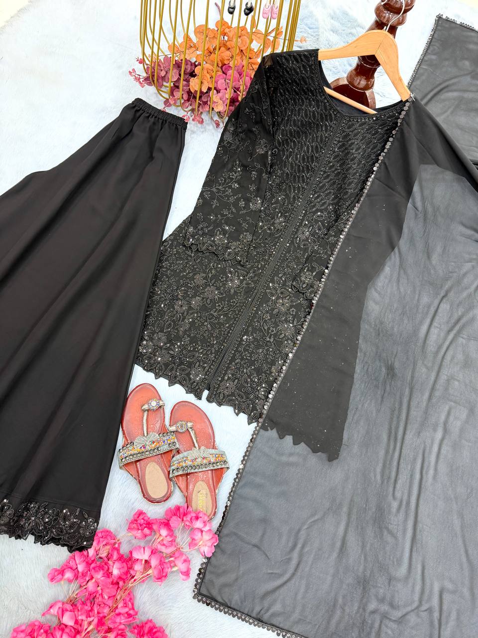 Black Georgette Sequence Work Palazzo Suit ClothsVilla