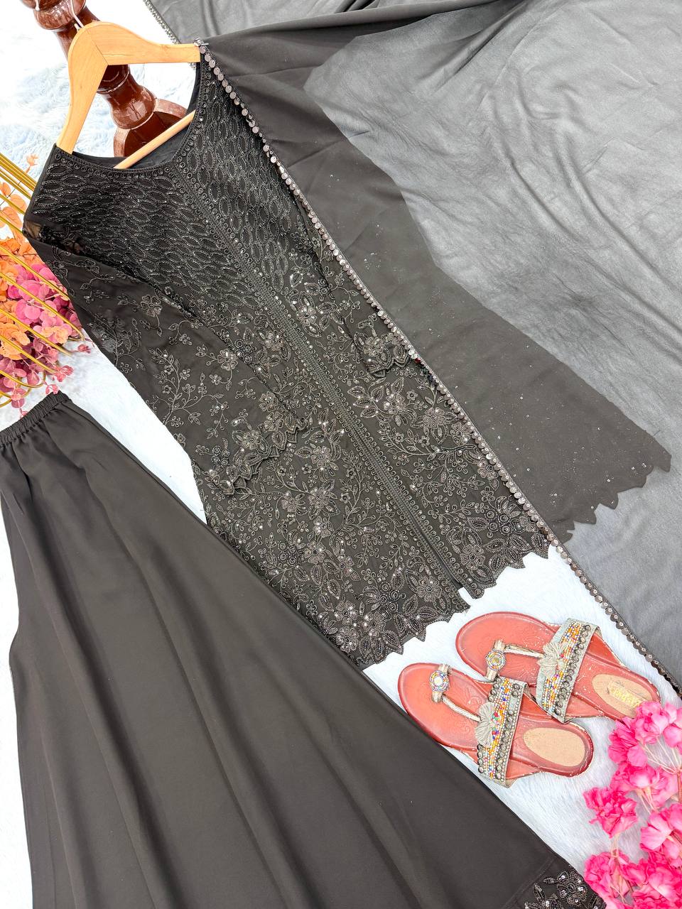 Black Georgette Sequence Work Palazzo Suit ClothsVilla