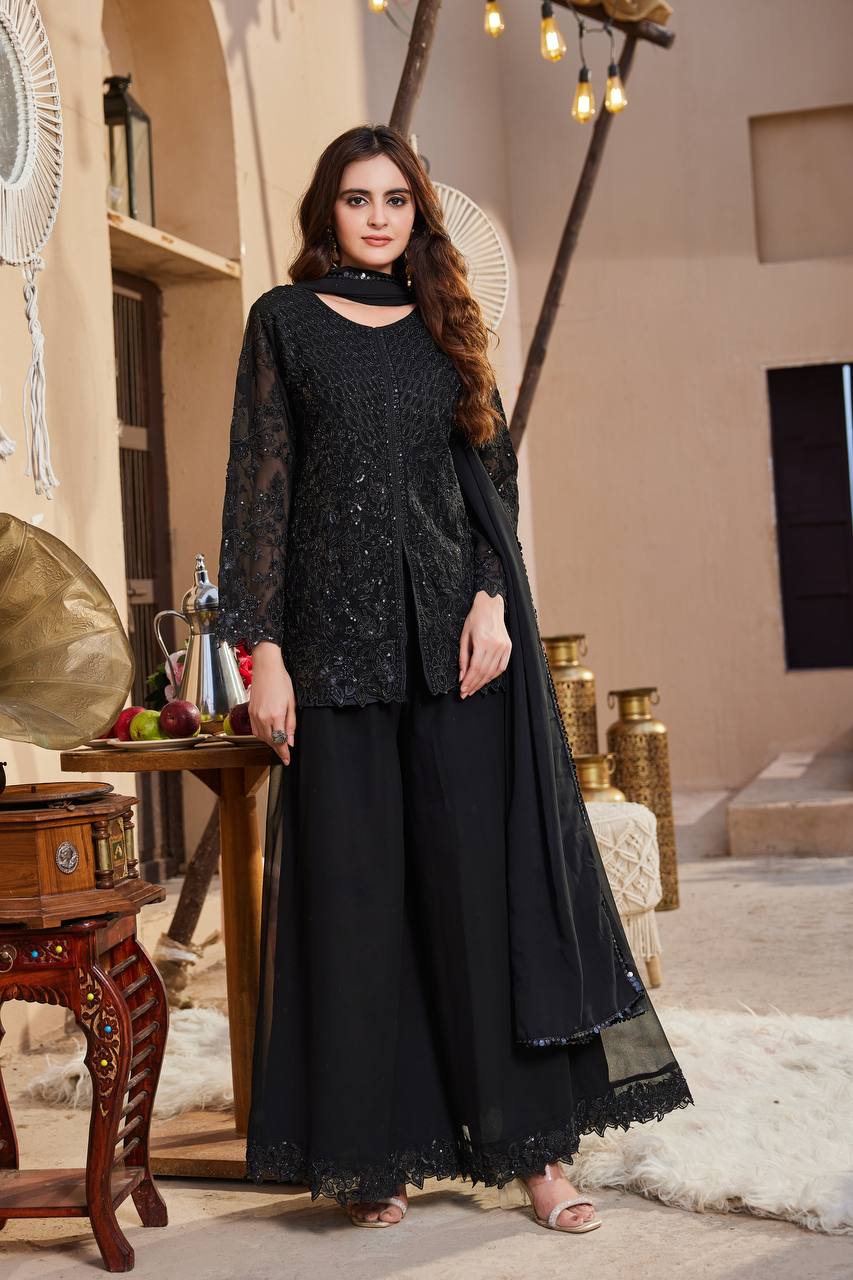 Black Georgette Sequence Work Palazzo Suit ClothsVilla
